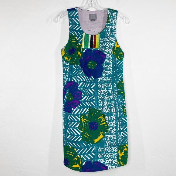 Anthro Vanessa Virginia Hibiscus Sleeveless Shift Sheath Dress Green 2 - Picture 5 of 9